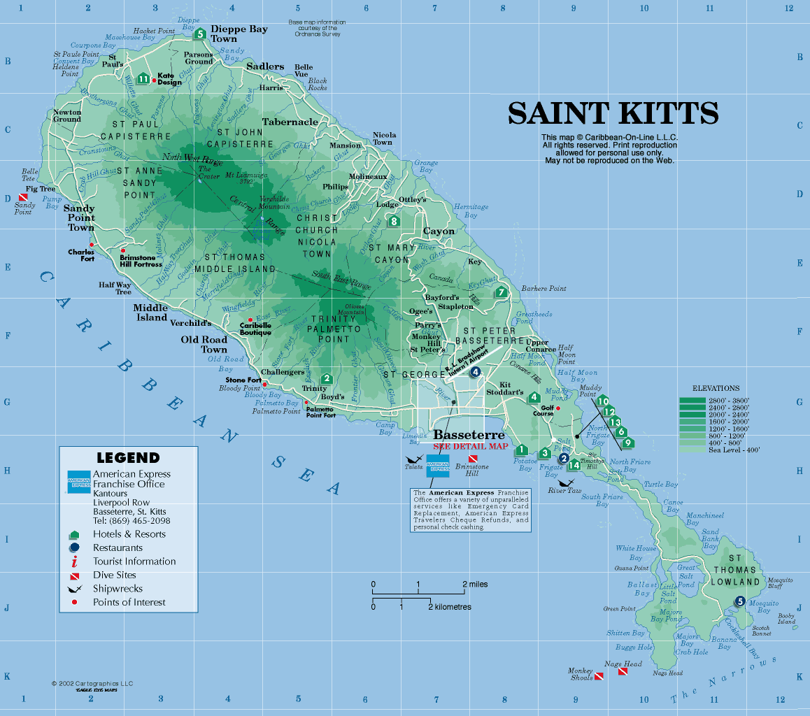 physique carte du Saint Christophe et Nieves